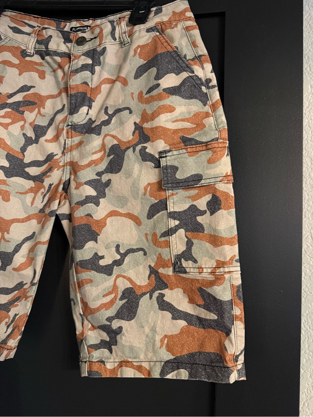 Women's Camo Cargo Bermudas - Rust/Olive/Graphite grey by Flamingals Sz M